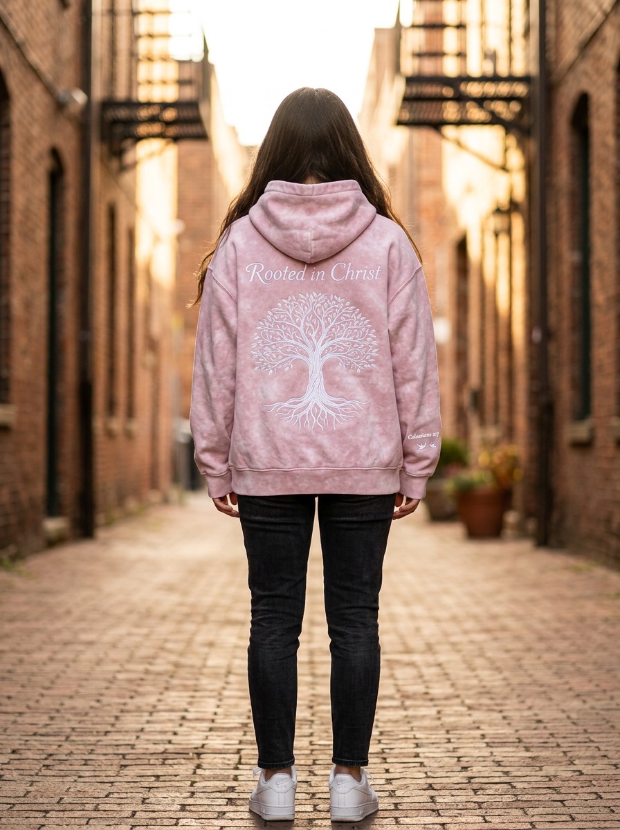 Young woman wearing the pink acid wash Rooted in Christ hoodie in a brick alleyway at golden hour, back view showing the white embroidered tree of life and Rooted in Christ wordmark.